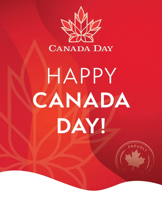 Image with a gradient background in red tones. Official Canada Day logo with a round and white stamp that includes a maple leaf. Text on the image: Happy Canada Day! Proudly.