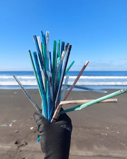 A gloved hand holds a bundle of colorful plastic straws collected on a sandy beach with ocean waves in the background.