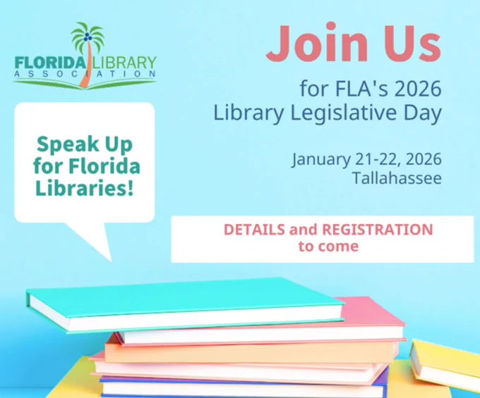 graphic with books on it and "Join Us for FLA's 2026 Library Legislative Day" 