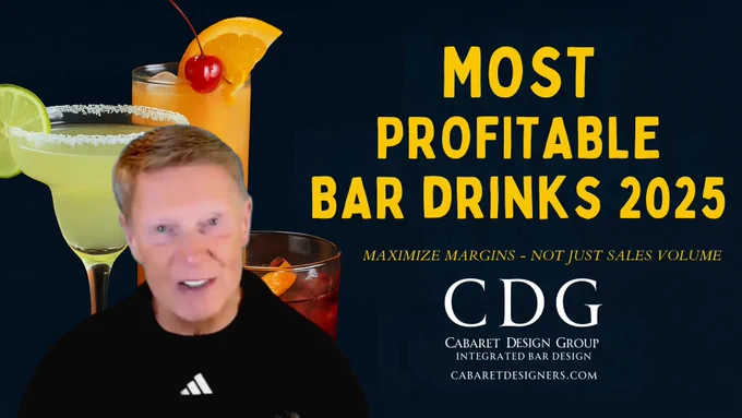 YouTube thumbnail graphic titled “Most Profitable Bar Drinks” featuring international bar designer, Rick Uzubell, with vibrant cocktail imagery, bold typography, and a dark background with cream and gold text. Designed to attract bar owners and hospitality pros seeking 2025 profit strategies.
