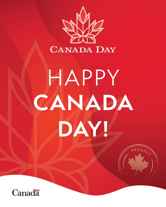 Graphic with a large maple leaf outline on a red background and the message Happy Canada Day! in white letters.
