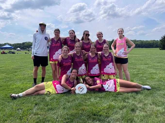 Team photo of U20 team Illinois Lucid. 10 players and 2 coaches pose on a field in team apparel.