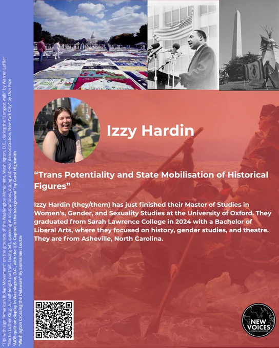 Trans Potentiality and State Mobilisation of Historical Figures”

Izzy Hardin (they/them) has just finished their Master of Studies in Women's, Gender, and Sexuality Studies at the University of Oxford. They graduated from Sarah Lawrence College in 2024 with a Bachelor of Liberal Arts, where they focused on history, gender studies, and theatre. They are from Asheville, North Carolina.

Izzy is pictured laughing
