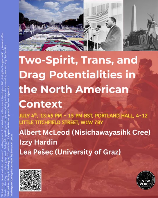 Introducing the “American Dream/American Nightmare” conference speakers!

Our first panel of the in-person day is on the theme of “Two-Spirit, Trans, and Drag Potentialities in the North American Context” and will feature Albert McLeod (Nisichawayasihk Cree), Izzy Hardin, and Lea Pešec (University of Graz).

📍Portland Hall, 4-12 Little Titchfield Street, W1W 7BY
🗓️ 4th July 2025, 13:45-15:00 BST

Don’t forget to sign up (for free!) using the QR code or the link in our bio ✨
Tipi with sign "American Indian Movement" on the grounds of the Washington Monument, Washington, D.C., during the "Longest walk" by Warren Leffler
“Martin Luther King, Jr., half-length portrait, facing left, speaking at microphones, during anti-war demonstration, New York City” by Don Rice
“AIDS quilt on display in Washington, D.C., with the U.S. Capitol in the background” by Carol Highsmith
“Washington Crossing the Delaware” by Emmanuel Leutze