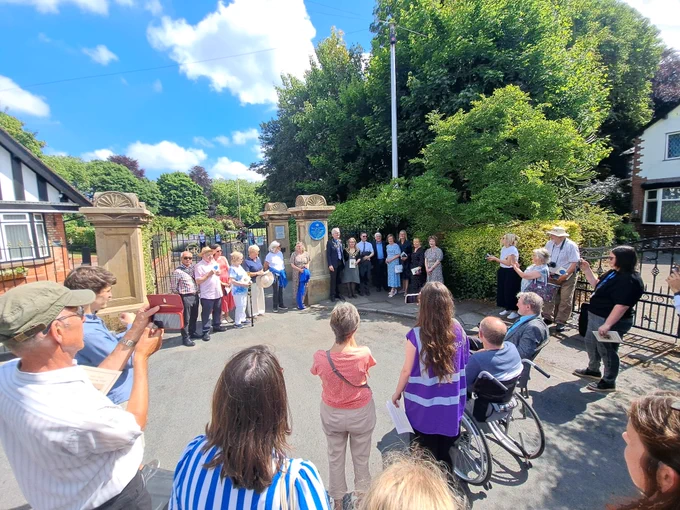 People gathered for the unveiling of a blue plaque for Mary Worthington at Worthington Park in Sale.