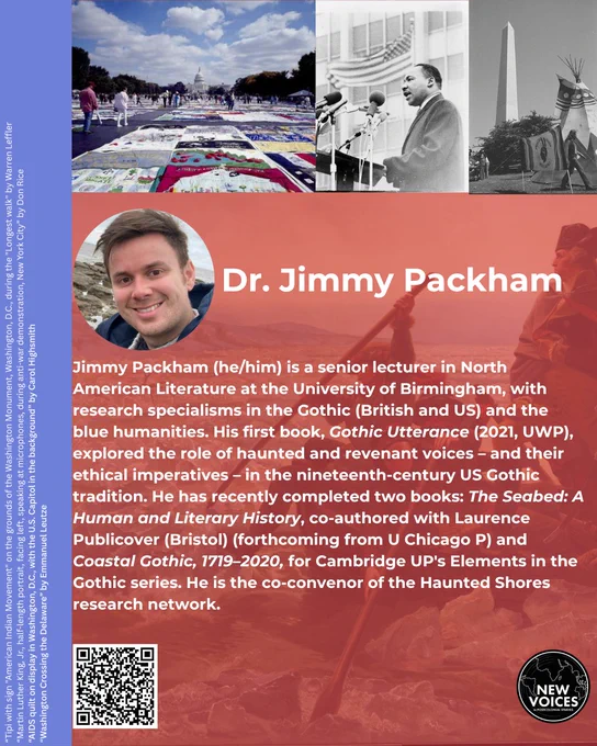 Jimmy Packham (he/him) is a senior lecturer in North American Literature at the University of Birmingham, with research specialisms in the Gothic (British and US) and the blue humanities. His first book, Gothic Utterance (2021, UWP), explored the role of haunted and revenant voices – and their ethical imperatives – in the nineteenth-century US Gothic tradition. He has recently completed two books: The Seabed: A Human and Literary History, co-authored with Laurence Publicover (Bristol) (forthcoming from U Chicago P) and Coastal Gothic, 1719–2020, for Cambridge UP's Elements in the Gothic series. He is the co-convenor of the Haunted Shores research network.

Jimmy is pictured smiling