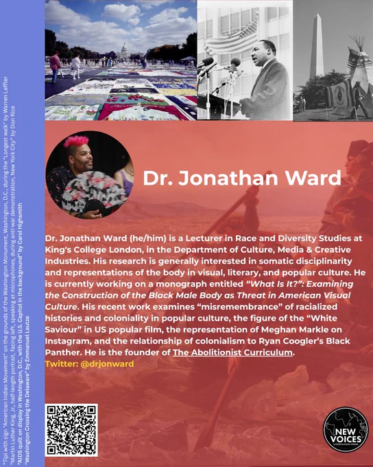 Dr. Jonathan Ward (he/him) is a Lecturer in Race and Diversity Studies at King's College London, in the Department of Culture, Media & Creative Industries. His research is generally interested in somatic disciplinarity and representations of the body in visual, literary, and popular culture. He is currently working on a monograph entitled “What Is It?”: Examining the Construction of the Black Male Body as Threat in American Visual Culture. His recent work examines “misremembrance” of racialized histories and coloniality in popular culture, the figure of the “White Saviour” in US popular film, the representation of Meghan Markle on Instagram, and the relationship of colonialism to Ryan Coogler’s Black Panther. He is the founder of The Abolitionist Curriculum.
Twitter: @drjonward