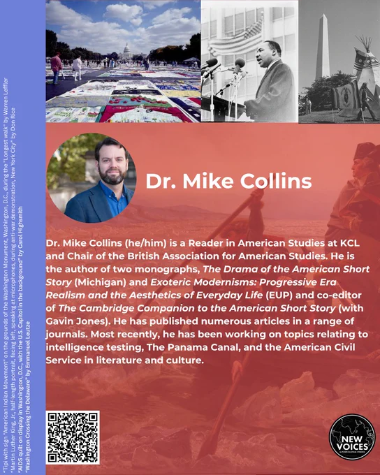 



Dr. Mike Collins (he/him) is a Reader in American Studies at KCL and Chair of the British Association for American Studies. He is the author of two monographs, The Drama of the American Short Story (Michigan) and Exoteric Modernisms: Progressive Era Realism and the Aesthetics of Everyday Life (EUP) and co-editor of The Cambridge Companion to the American Short Story (with Gavin Jones). He has published numerous articles in a range of journals. Most recently, he has been working on topics relating to intelligence testing, The Panama Canal, and the American Civil Service in literature and culture.
Dr. Mike Collins (he/him) is a Reader in American Studies at KCL and Chair of the British Association for American Studies. He is the author of two monographs, The Drama of the American Short Story (Michigan) and Exoteric Modernisms: Progressive Era Realism and the Aesthetics of Everyday Life (EUP) and co-editor of The Cambridge Companion to the American Short Story (with Gavin Jones). He h