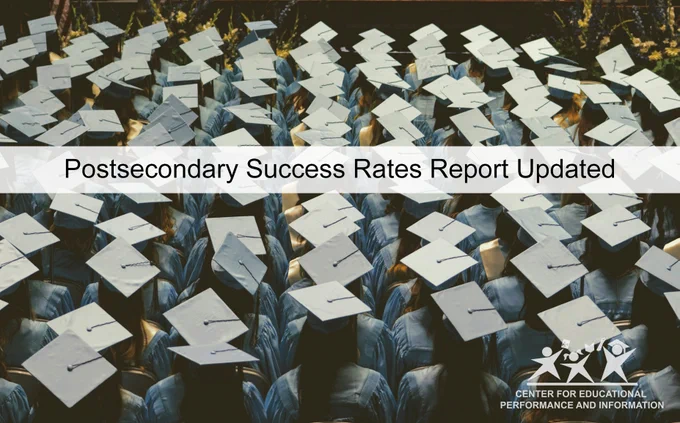 Image showing a group of graduates facing away from the camera. Text reads, "Postsecondary Success Rates Report Updated."