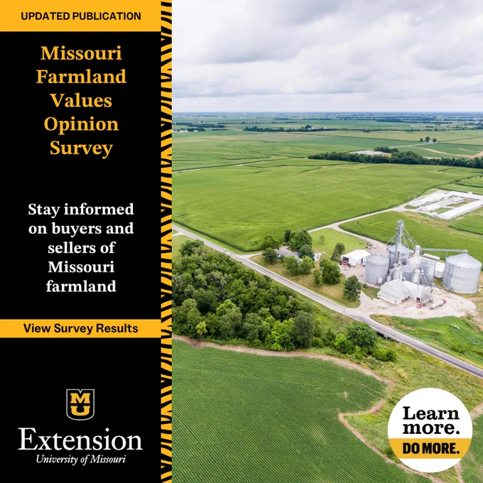 An aerial view of a Missouri farm. Text "Updated Publication: Missouri Farmland Values Opinion Survey: Stay informed on buyers and sellers of Missouri farmland. View survey results."