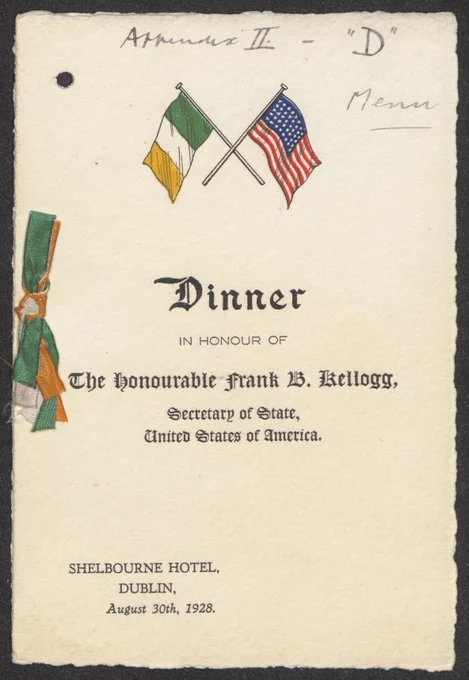 Dinner menu from 1928 where the US Secretary of State Frank B Kellogg was guest of honour