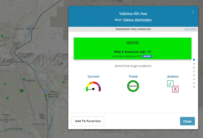 Image of AirNow Fire and Smoke Map with local conditions in Yakima, Washington. The AQI is good (Code Green). Three icons on the inset display the AQI dial, trends, and actions you can take to reduce exposure. 
