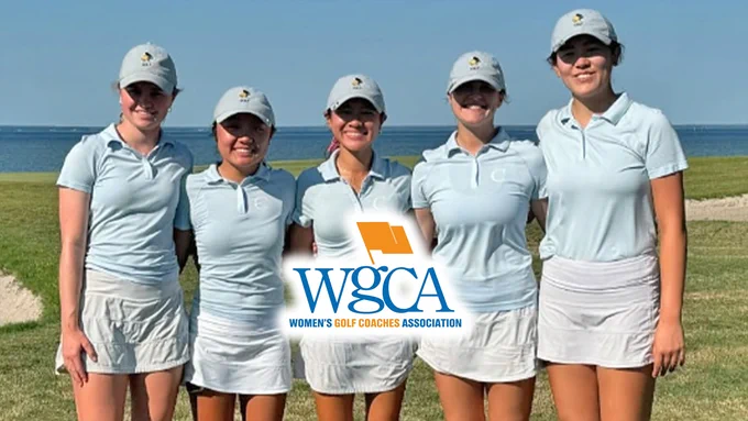 Carter Sichol, Anna Lee, Sarah Zheng, Natalie Tatar, and Cynthia Lu standing together on the golf course. Image overlaid with WGCA logo.