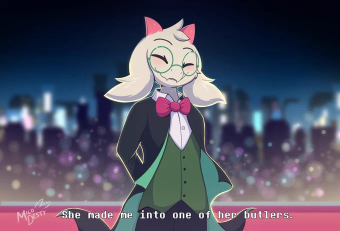 Ralsei from Deltarune, in his butler outfit, saying "She made me into one of her butlers." to the viewer. In the background is the cyber city.