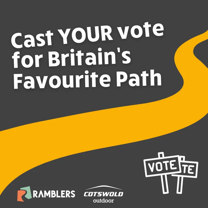 Promotional image encouraging voting for Britain's Favourite Path, featuring a winding yellow path graphic and a 'vote' sign. Includes logos for Ramblers and Cotswold Outdoor.