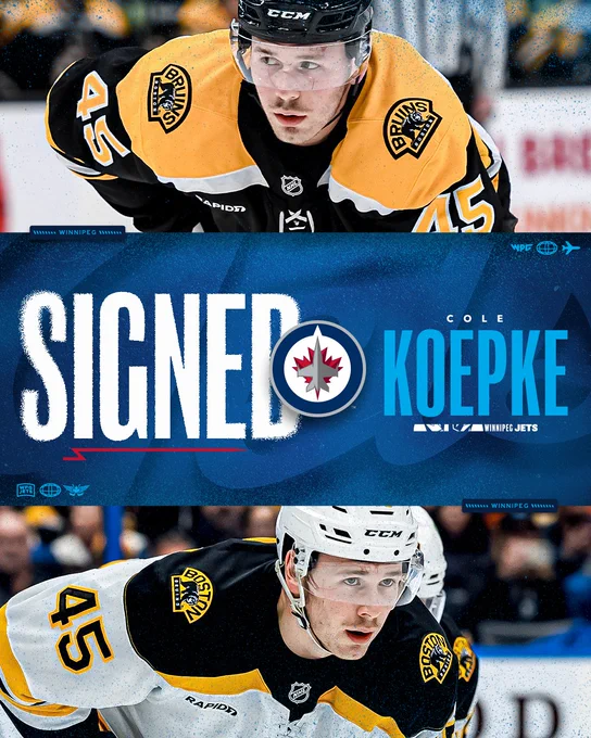The Winnipeg Jets Hockey Club announced today that they have agreed to terms with forward Cole Koepke on a one-year contract with an average annual value of $1,000,000.