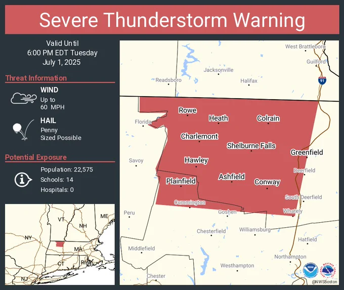 This graphic displays a severe thunderstorm warning plotted on a map. The warning is in effect until 6:00 PM EDT. The warning includes Greenfield MA, Shelburne Falls MA and Charlemont MA.  This warning is for Northwestern Hampshire County in western Massachusetts and Northwestern Franklin County in western Massachusetts. The threats associated with this warning are wind gusts up to 60 MPH and penny sized hail. There are 22,575 people in the warning along with 14 schools and 0 hospitals.