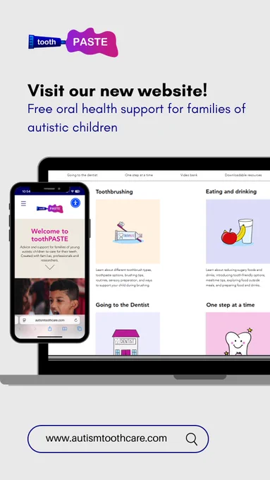 Image description:
Promotional graphic for the "toothPASTE" website, offering free oral health support for families of autistic children. It shows a phone and laptop displaying the site, with sections on toothbrushing, eating, and dentist visits. Website link: www.autismtoothcare.com.