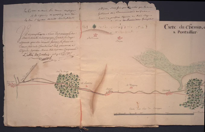 Aujourd’hui, nous explorons la série C et plus particulièrement les documents relatifs aux États de Bourgogne.

On y trouve des visites, devis, marchés, mémoires et procès-verbaux concernant :
▪ La réparation des ponts de Vonges et Flammerans (1687-1764-1769)
▪ Les ponts de Pontailler (1689-1701-1752-1778)
▪ La levée de Vonges (1691-1748-1756-1769-1778)
▪ La construction des ponts et aqueducs de la route (1750-1753-1770) (avec plan !)
▪ Les murs de quai de la Saône (1753)
▪ Des ponceaux à Étevaux, Saint-Léger et Oisilly (1766)
▪ Le rapport de l’ingénieur Dumorey sur le chemin de Pontailler à Cléry (1780)
▪ La délibération des Élus pour sa réparation (1781)