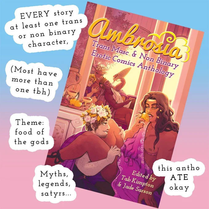 Book titled 'Ambrosia' with two people in togas, one with chest scars eating a golden apple 