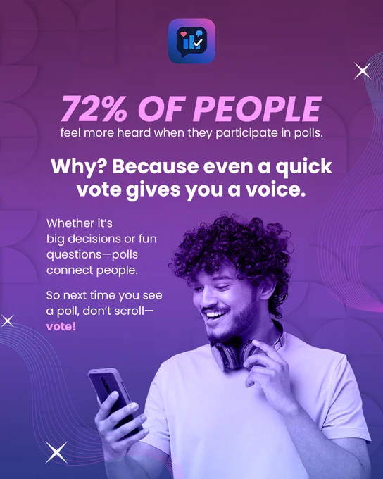 A smiling man using his phone, highlighting how polls help 72% of people feel more heard.