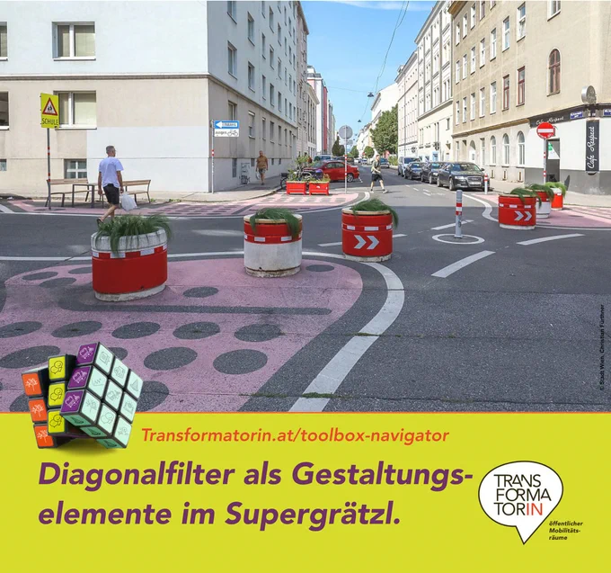 Auf einer Straße stehen bepflanzte Poller auf einer Kreuzung, die die Straße dahinter, auf der zwei Fußgänger laufen, begrenzen. Es scheint die Sonne.

Weitere kleine Abbildung: ein Würfel mit neun Feldern auf jeder Seite. Diese Felder sind mit diversen Icons aus dem Bereich öffentlicher Raum gestaltet.

Überschrift: Crowdsourcing mit digitalen Tools.
Subline: Transformatorin.at/toolbox-navigator
Logo: Transformator:in, Logozusatz: öffentlicher Mobilitätsräume

