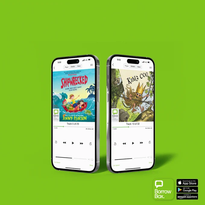 Two smartphones display audiobook covers and playback screens for 'Shipwrecked' by Jenny Pearson and 'King Coo' by Adam Stower on a bright green background.