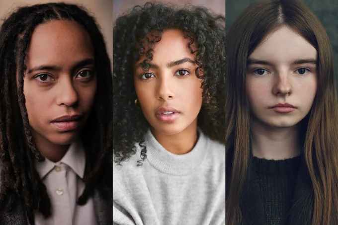 A photo showing three headshots of performers adopting neutral expressions 