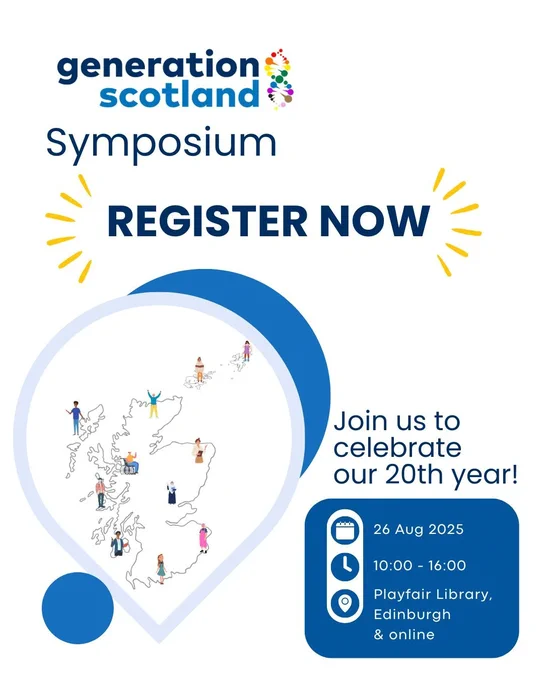 Promotional poster for Generation Scotland Symposium, encouraging registration. Features a map of Scotland with animated figures and the event details listed for the 26 August, 2025, at Playfair Library from 10:00 to 16:00, available both in-person and online.