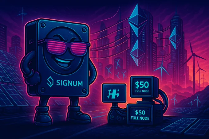 🔗 True Decentralization Lives on Signum.

While Ethereum moves toward validator centralization and Layer-2 dependencies, Signum runs full nodes on a hard drive and a $50 setup.
No whales. No staking cartel. No censorship.
Just pure, sustainable, on-chain power — for everyone.

🖥️ Signum: Own your node. Own your future.
$UNI $PI $APT $NEAR $ONDO $KAS $ALGO $BONK $ARB $RENDER $TRUMP $XRP $SOL $USDC $ADA $XLM $SUI $LINK $HBAR $AVAX $LTC $DOT