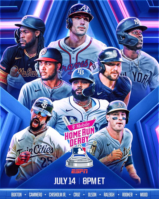 2025 T-Mobile Home Run Derby
July 14, 8 PM ET
ESPN
Pictured: Action photos of Matt Olson, James Wood, Cal Raleigh, Byron Buxton, Oneil Cruz, Junior Caminero, Brent Rooker and Jazz Chisholm Jr. in their respective team’s uniform.