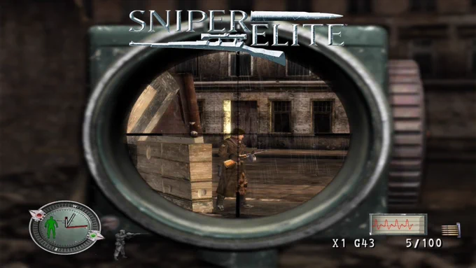 A soldier wearing a helmet can be seen through through the scope reticle of a sniper rifle. The scene is set in a dilapidated city.