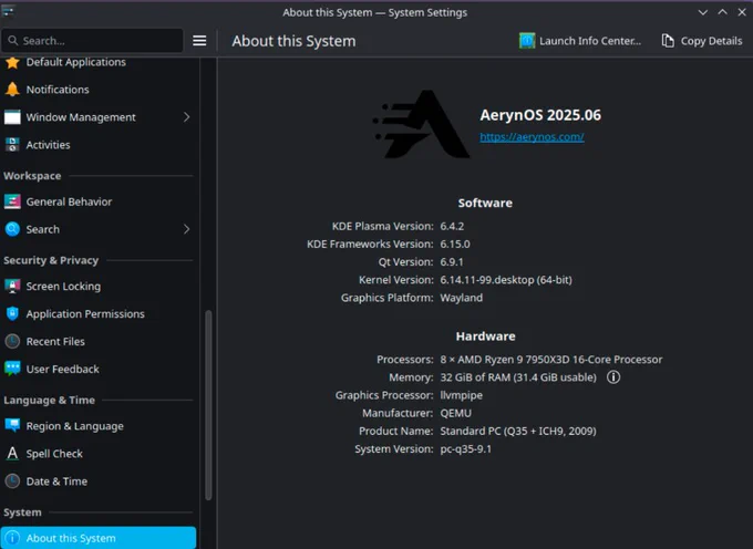 KDE Plasma About this Session page on AerynOS