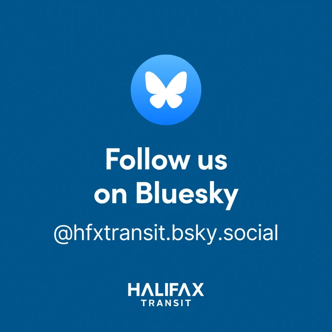 Blue background with the Bluesky logo at the top and the text 'Follow us on Bluesky @hfxtransit.bsky.social' with the Halifax Transit logo centred at the bottom.