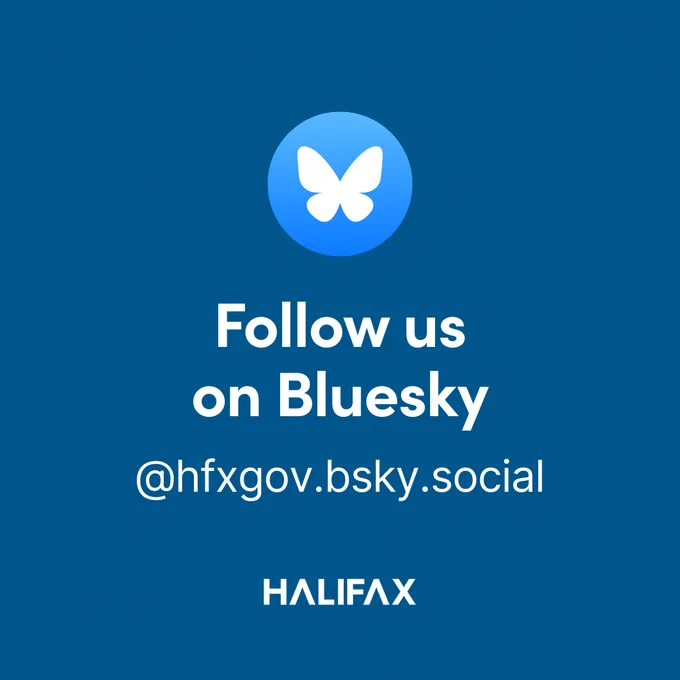 Blue background with the Bluesky logo at the top and the text 'Follow us on Bluesky @hfxgov.bsky.social' with the Halifax logo centred at the bottom.