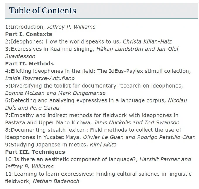 New book on ideophones
Williams, J. P (ed.). 2025. Capturing expressivity. Contents, methods, and techniques for linguistic research. OUP.
https://global.oup.com/academic/product/capturing-expressivity-9780192858931?cc=es&lang=en