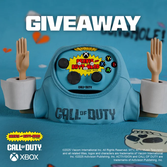 An image of the Beavis and Butt-Head custom Xbox controller visible through the head hole of a blue Call of Duty shirt. There are hands on either side with toilet paper around the wrists. Text at the top of the image says "GIVEAWAY". In the bottom left are the logos for Xbox, Beavis and Butthead and Call of Duty.