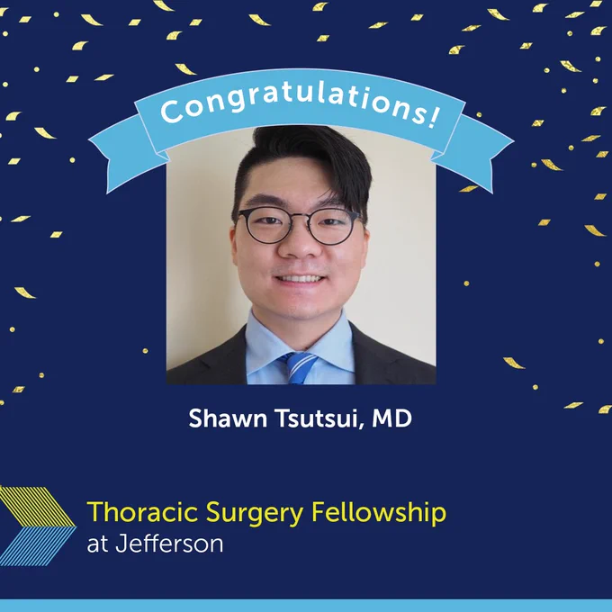A graphic featuring a headshot photo of Dr. Shawn Tsutsui on a deep blue background with gold confetti. Dr. Tsutsui wears black rimmed glasses with a black jacket, light blue shirt, and bright blue tie. Above the photo is a light blue "Congratulations" banner, and below is the logo of the Thoracic Surgery Fellowship program at Jefferson.