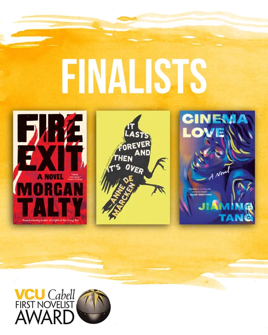Graphic reading "FINALISTS" above the covers of all three finalist novels. The Cabell First Novelist Award logo sits below. 