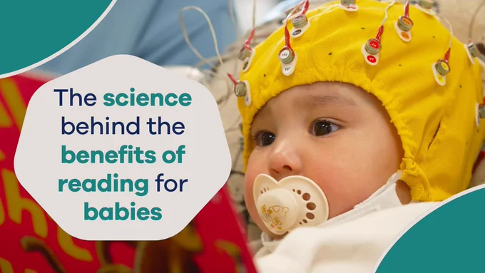 A photo of a baby wearing a cap with wires attached being read to, plus the words: "The science behind the benefits of reading for babies"
