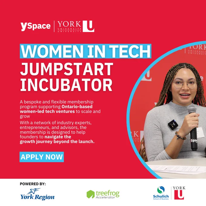 Women founder speaking to an audience and the text, "Women in Tech Jumpstart Incubator."