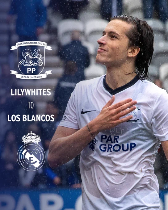 A photo of Alvaro Fernandez with his hand on the PNE crest on his shirt. Next to the photo are the digital crests of PNE and Real Madrid, with the words 'Lilywhites to Los Blancos' in between.