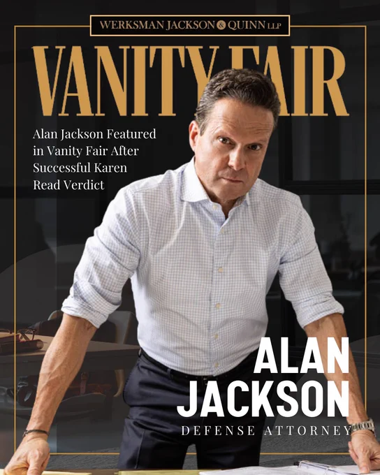Alan Jackson featured in Vanity Fair after Karen Read verdict, standing confidently in law office.