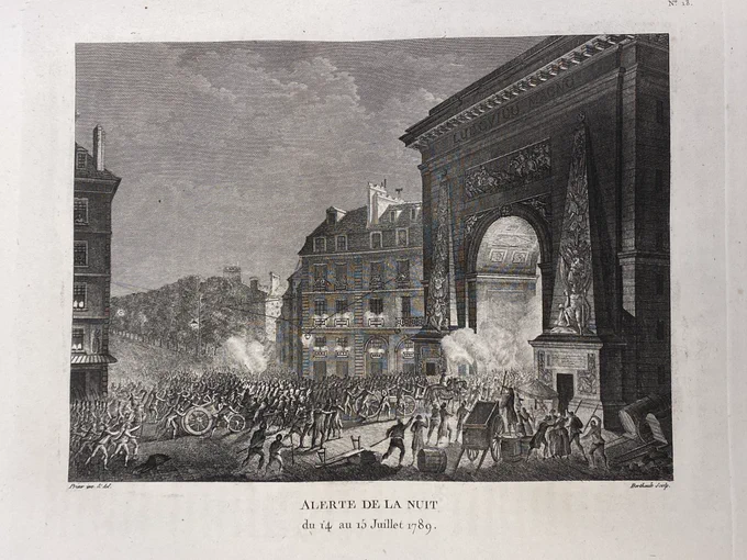 Image of illustration from 1804 book about the French Revolution (depicts night scene of crowds in protest near arch with caption: Alerte de la Nuit du 14 au 15 Juillet 1789).