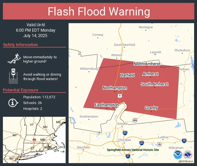 This graphic displays a flash flood warning plotted on a map. The warning is in effect until 6:00 PM EDT. The warning includes Northampton MA, Amherst MA and Easthampton MA.  This warning is for Central Franklin and Central Hampshire Counties. Avoid walking or driving through flood waters! Move immediately to higher ground! There are 112,672 people in the warning along with 26 schools and 2 hospitals.
