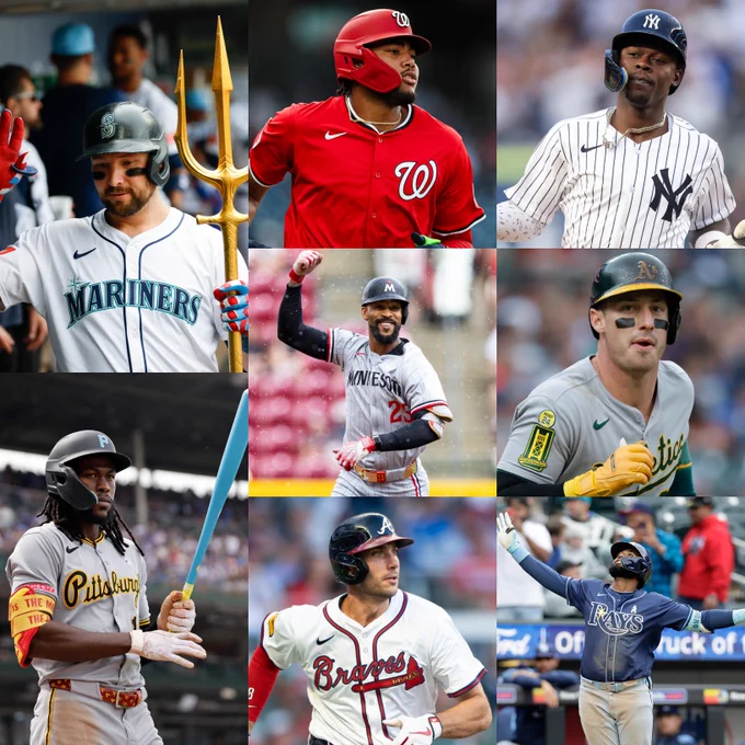 Pictured is a college of Cal Raleigh, James Wood, Jazz Chisholm Jr., Oneil Cruz, Byron Buxton, Brent Rooker, Matt Olson and Junior Caminero in various action pictures.
