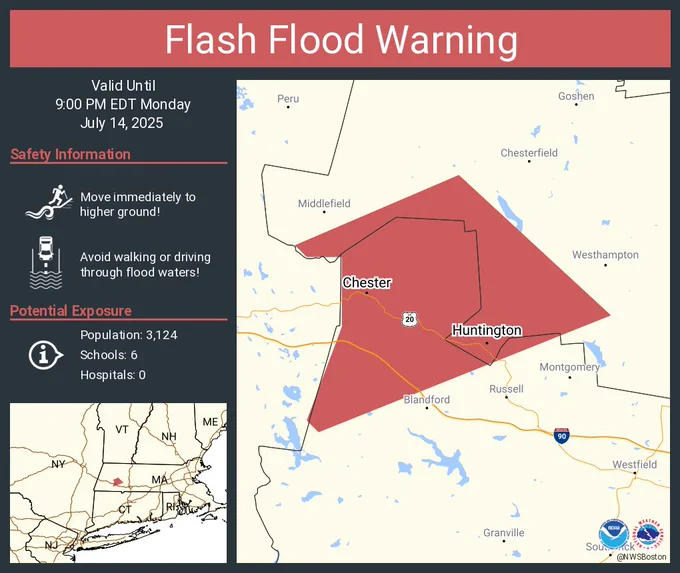 This graphic displays a flash flood warning plotted on a map. The warning is in effect until 9:00 PM EDT. The warning includes Huntington MA and Chester MA.  This warning is for Northwestern Hampden County in western Massachusetts and Southwestern Hampshire County in western Massachusetts. Avoid walking or driving through flood waters! Move immediately to higher ground! There are 3,124 people in the warning along with 6 schools and 0 hospitals.