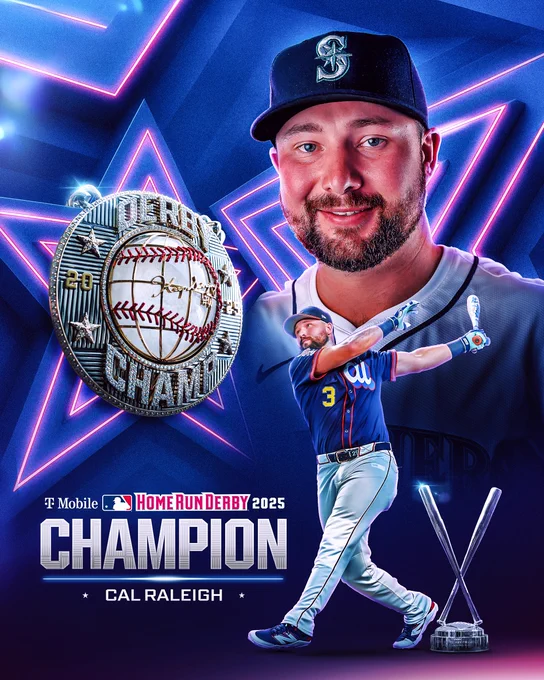 2025 T-Mobile Home Run Derby Champion: Cal Raleigh
Pictured: Two cutouts of Cal Raleigh from photo day and mid-swing from the Home Run Derby.
The Home Run Derby chain and trophy can be seen on the graphic.
