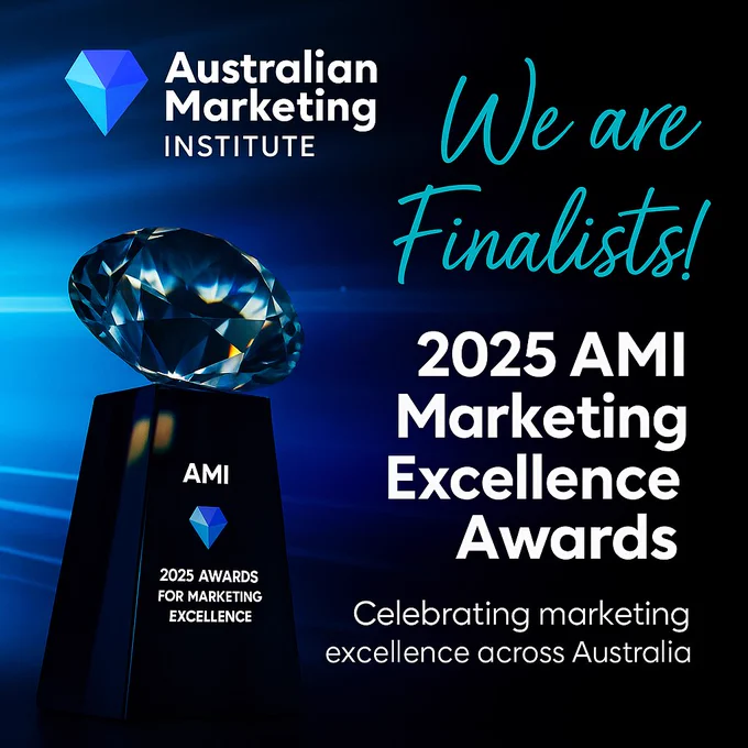 Promotional graphic announcing finalist status for the 2025 AMI Marketing Excellence Awards, featuring a blue diamond trophy and Australian Marketing Institute logo.
