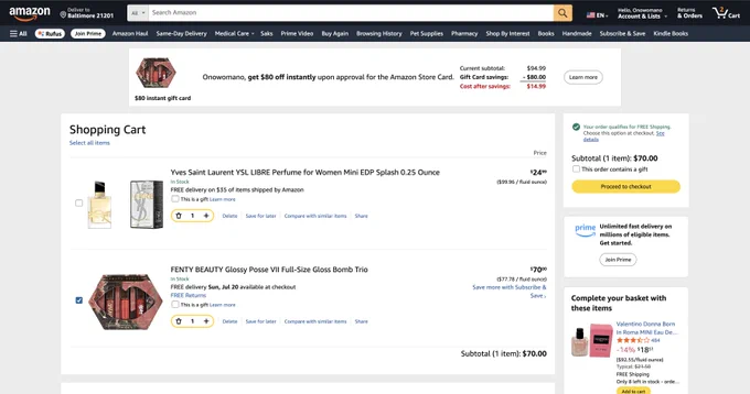Amazon Cart with checkboxes allowing users to select what items they wanted to checkout.
